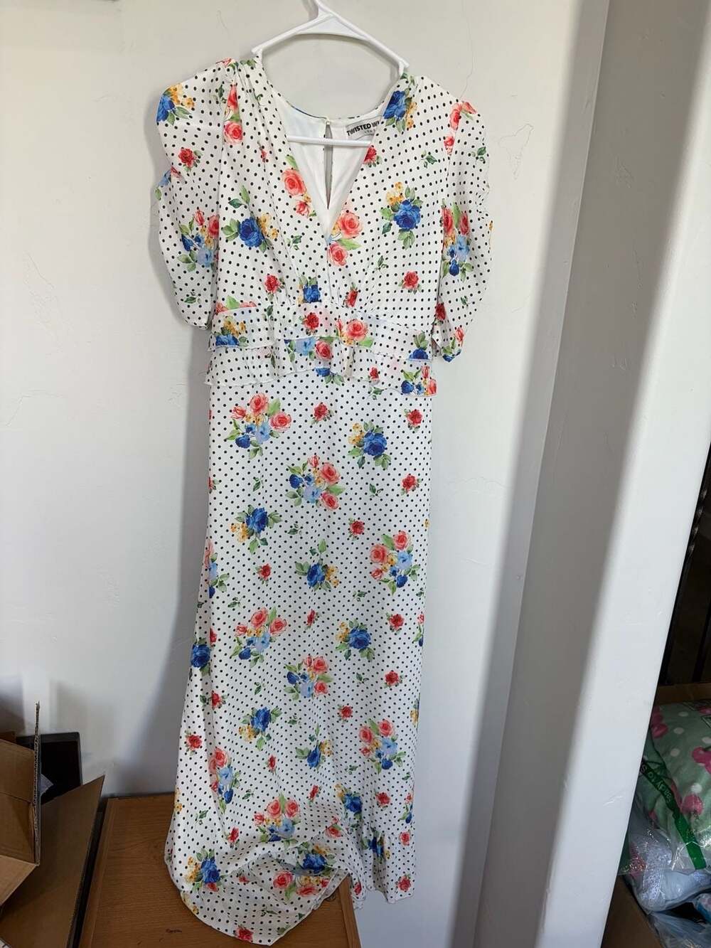 Twisted Wunder London White Floral Polka Dot Ruffle Maxi Dress